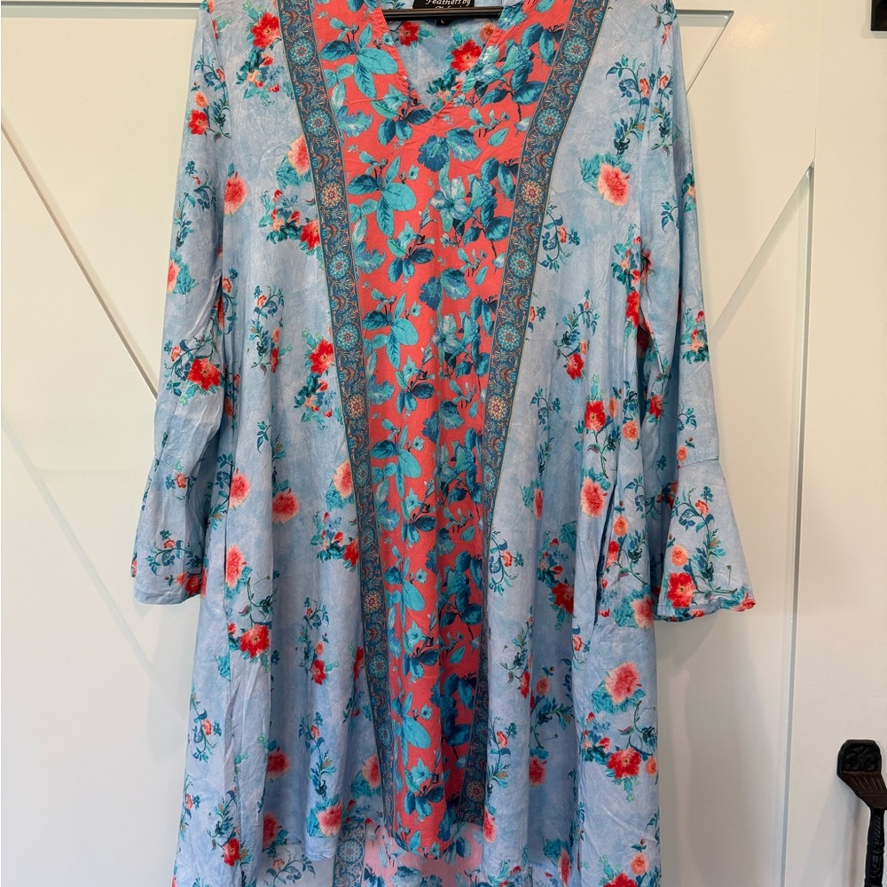 Tolani Pink and Blue Floral High Low Tunic Dress